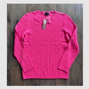 J. Crew Italian Cashmere Cable Knit Crewneck Sweater Size S Pink Button NWT